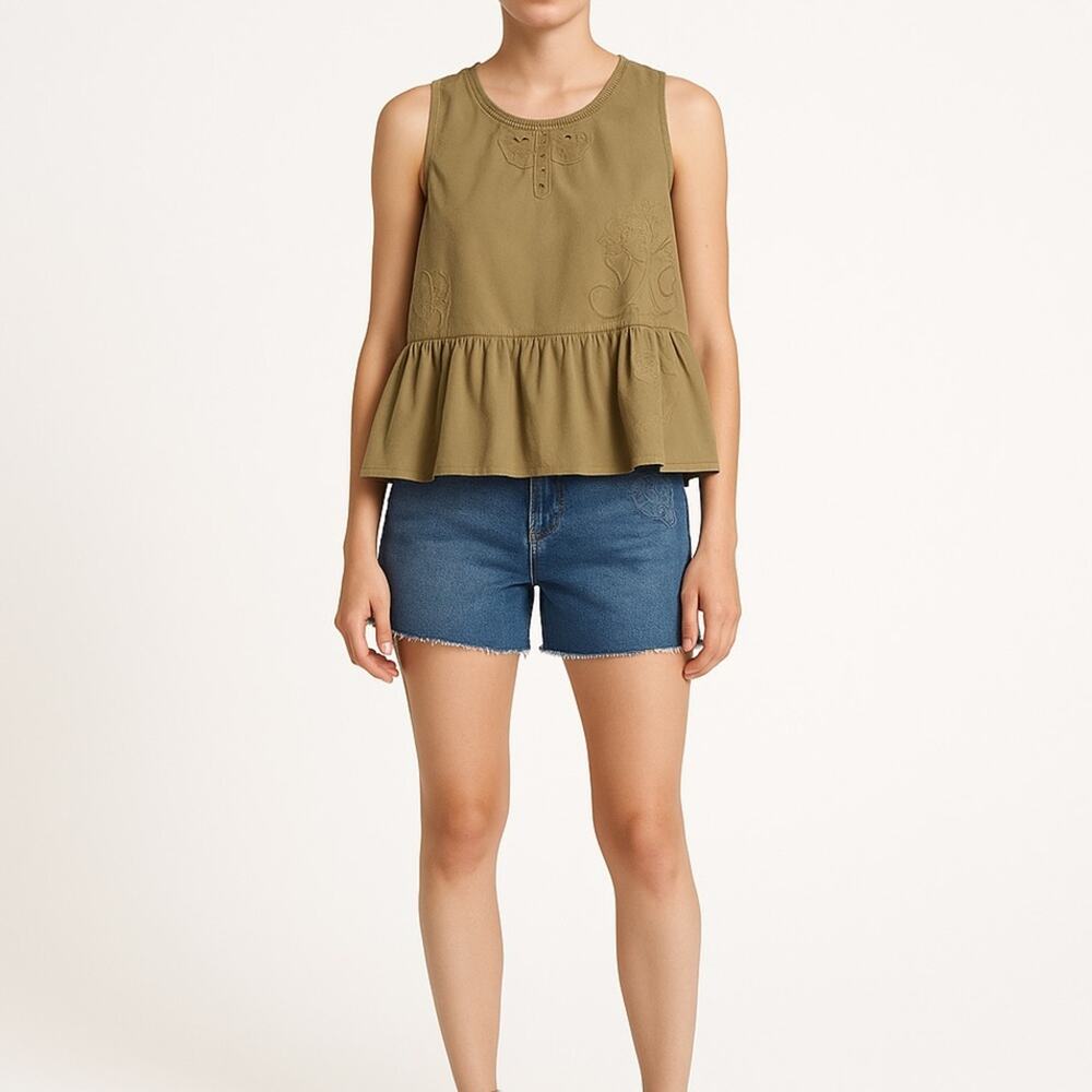 MADEWELL Embroidered Peplum Cotton Tank | Medium | Tan | Boho Floral Detail